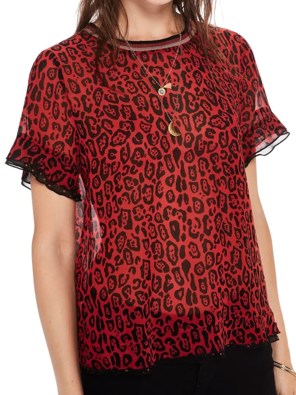 Scotch & Soda Red and Black Leopard-Print Sheer Blouse